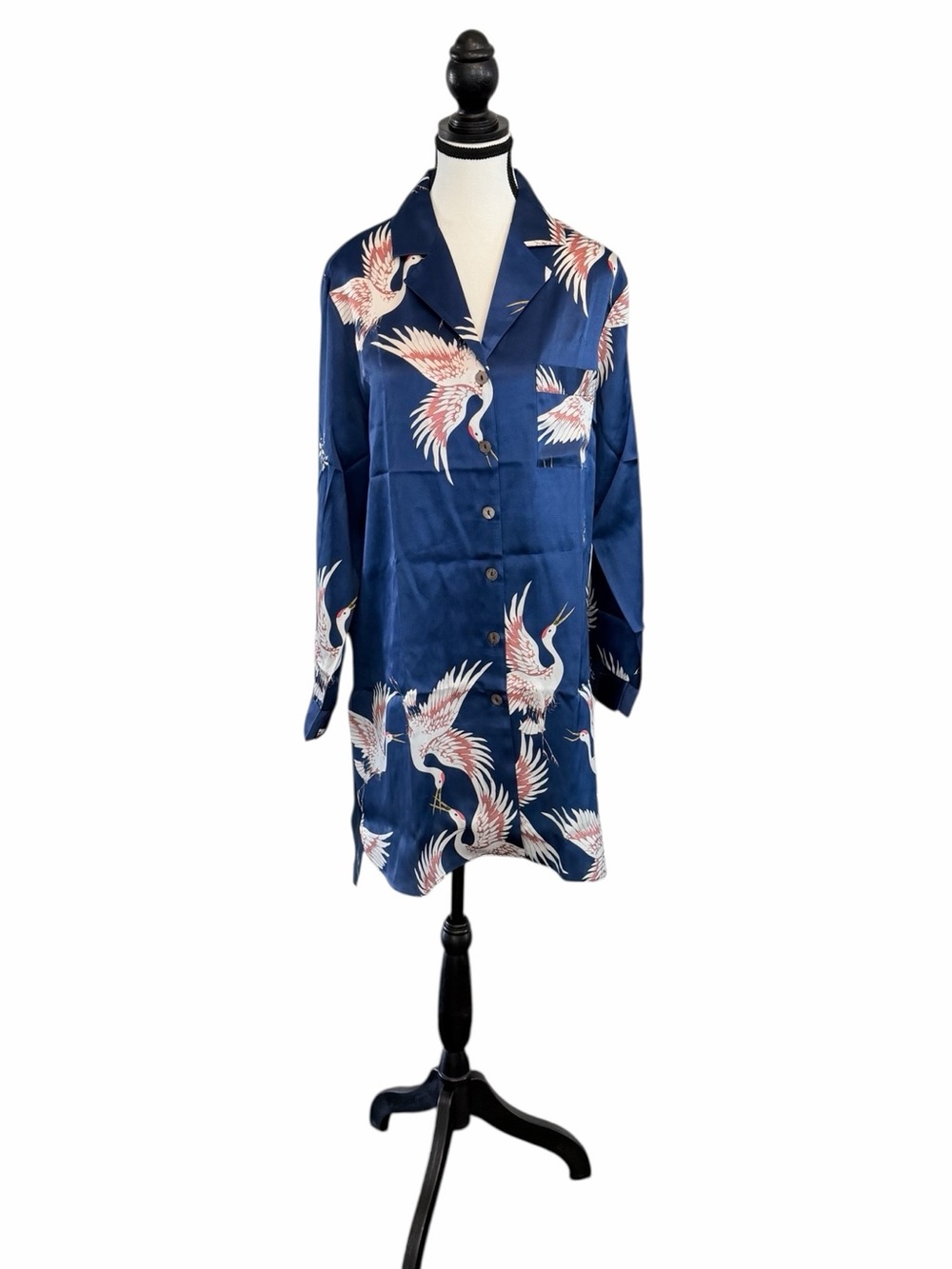 SilkSilky 100% Mulberry Silk Crane Print Nightshirt Sleep Shirt NWT S